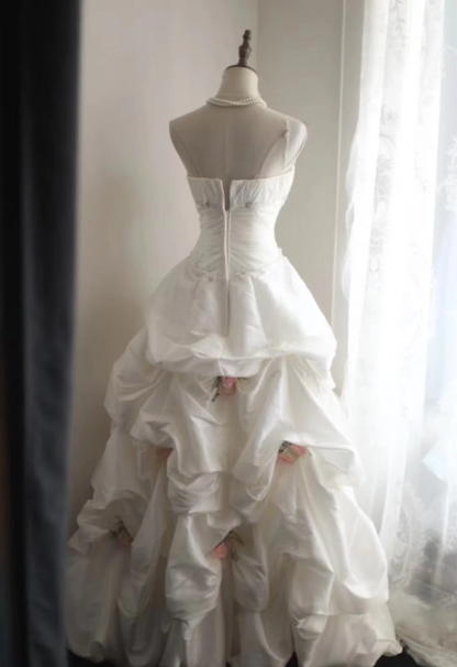 Elegant Strapless Ball Gown White Satin Pleated Floral Long Wedding Dress D2316