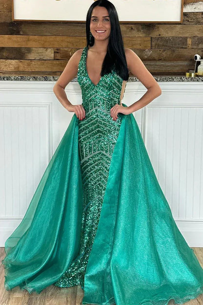 V-Neck Backless Sequins Mermaid Party Prom Dress With Train