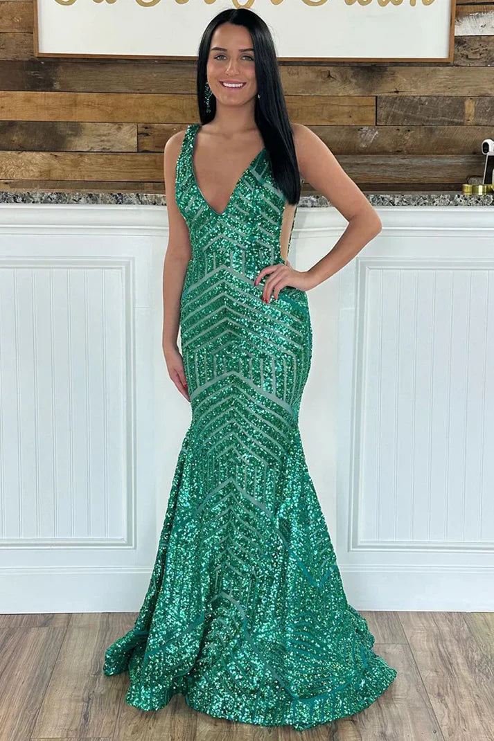 V-Neck Backless Sequins Mermaid Party Prom Dress With Train