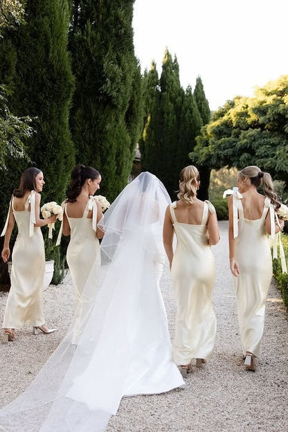 V-Neck Bows Straps Satin Fitted Long Bridesmaid Dress