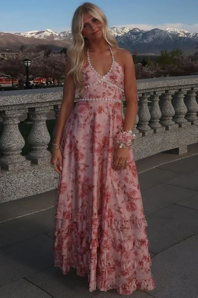 V-Neck Halter A-Line Empire Floral Prom Party Dress With Pearl