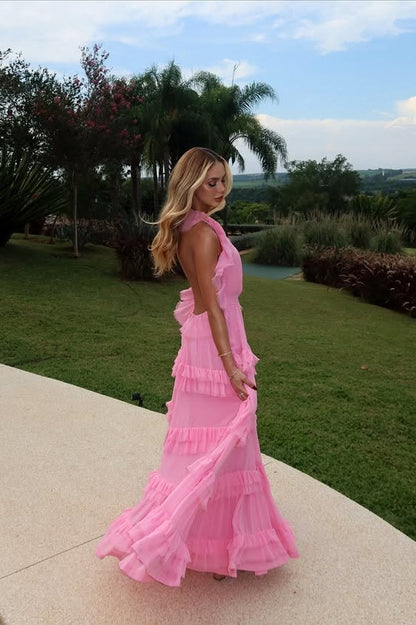 V-Neck Halter Backless Chiffon A-Line Ruffle Party Prom Dress