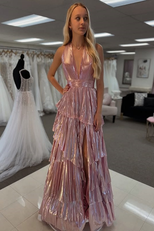 V-Neck Halter Empire Pleated Tiered Party Prom Dress