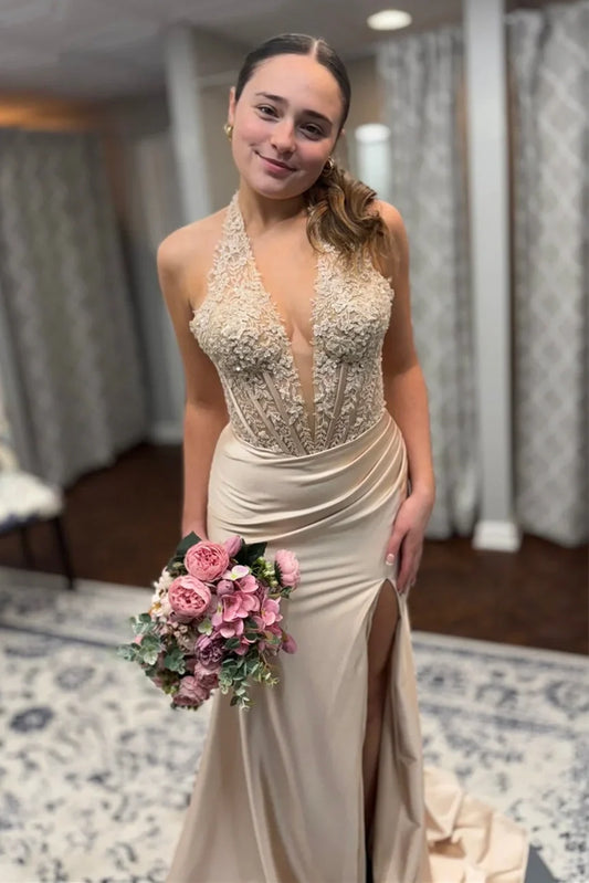 V-Neck Halter Lace Appliques Mermaid Party Prom Dress With Slit