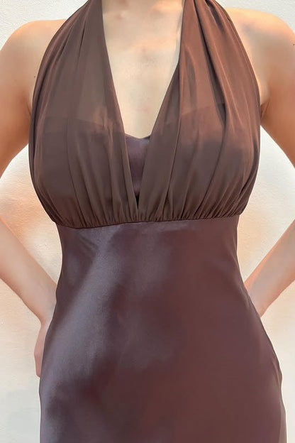 V-Neck Halter Sleeveless Satin Mermaid Party Evening Dress