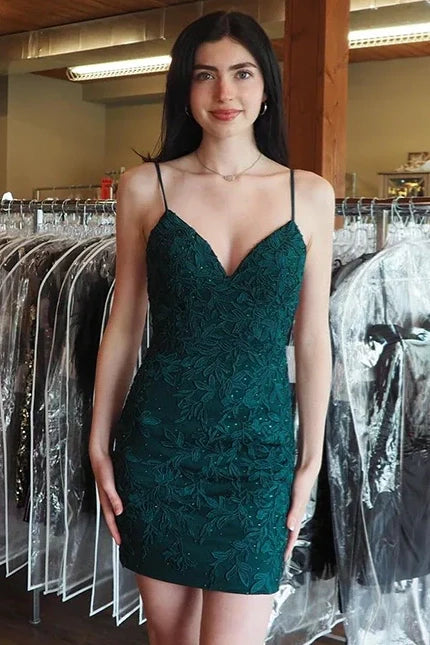 V-Neck Lace-Up Fully Lace Appliques Bodycon Homecoming Dress