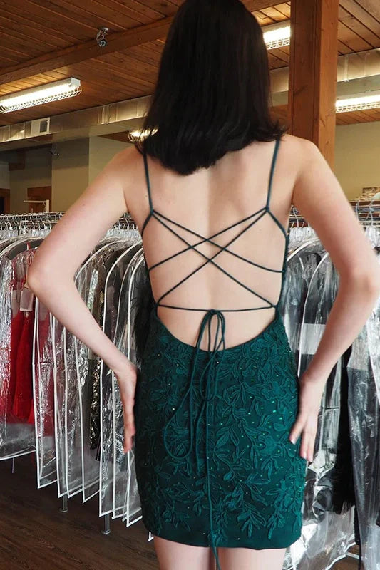 V-Neck Lace-Up Fully Lace Appliques Bodycon Homecoming Dress