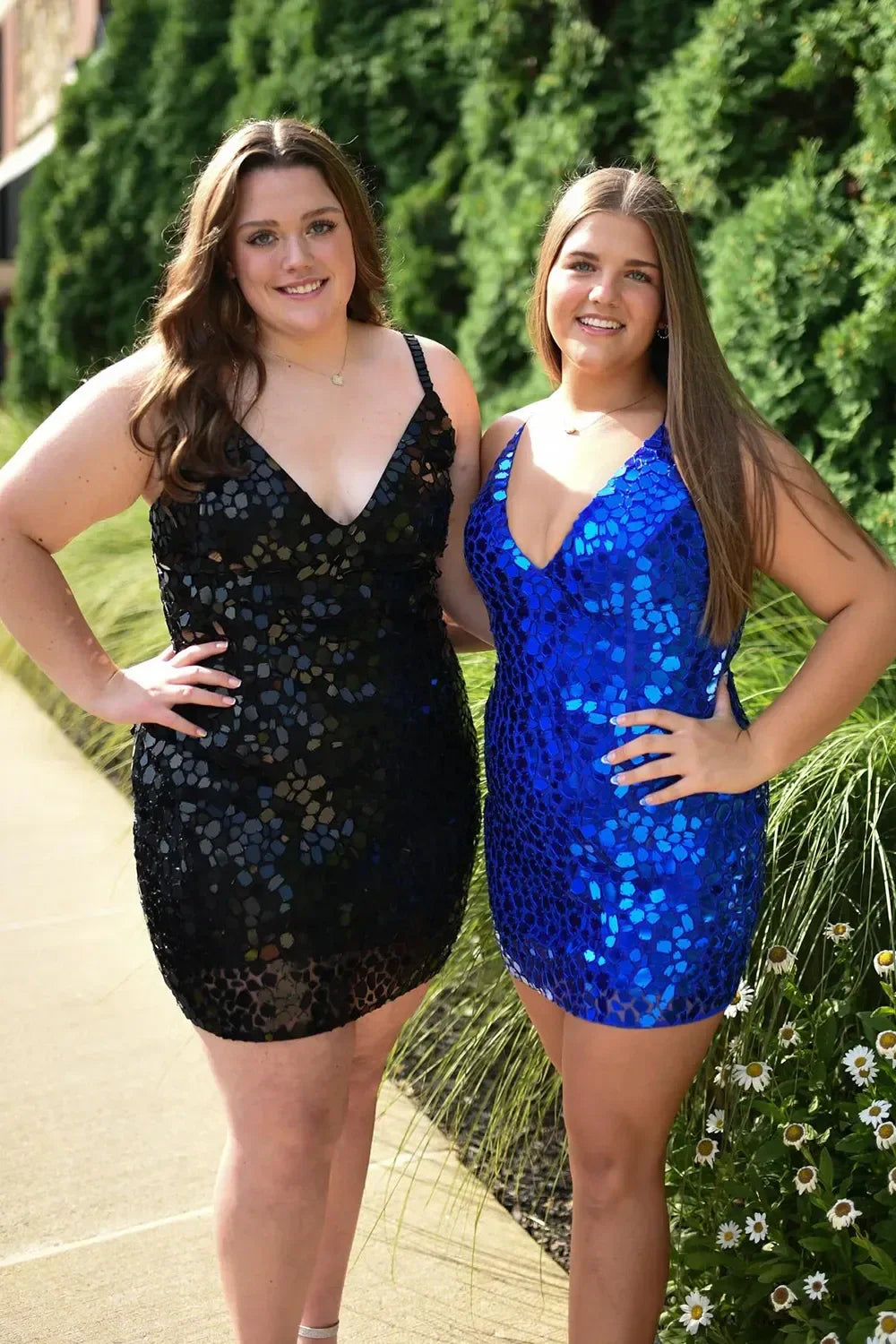 V-Neck Lace Up Bodycon Sparkly Short Homecoming Dress