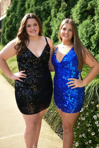 V-Neck Lace Up Bodycon Sparkly Short Homecoming Dress