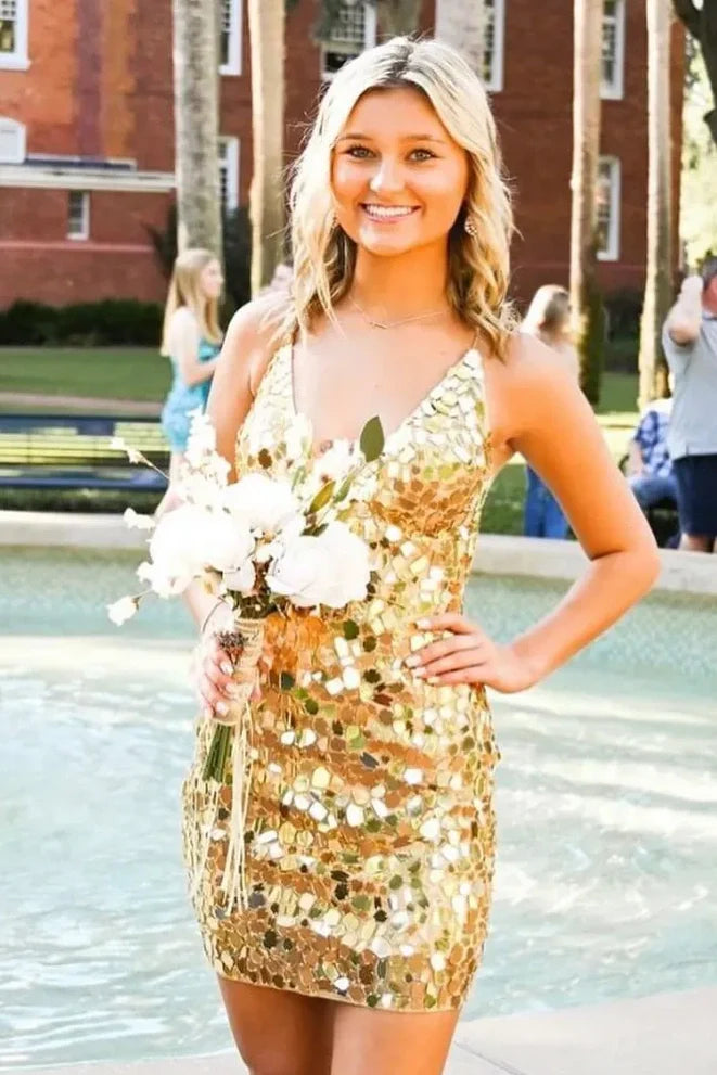 V-Neck Lace Up Bodycon Sparkly Short Homecoming Dress