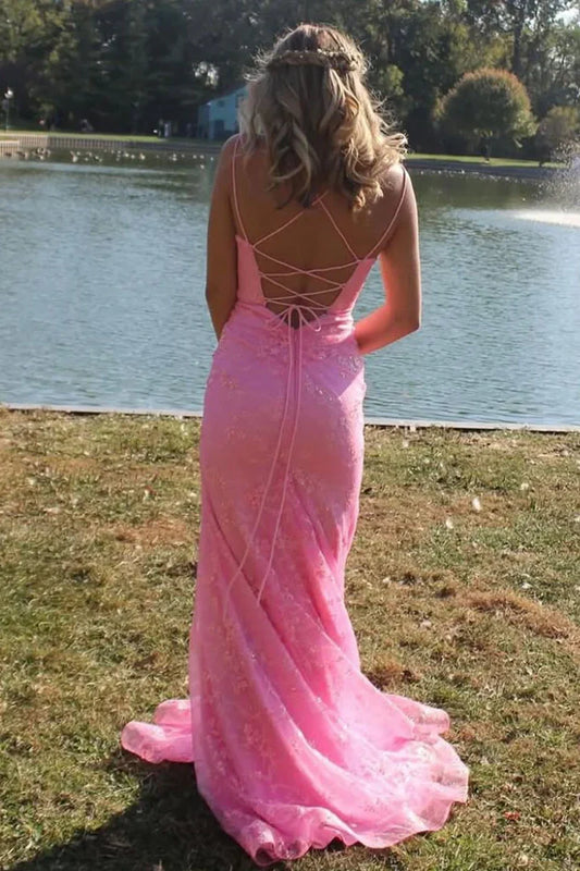 V-Neck Lace Up Mermaid Lace Prom Party Dress With Slit
