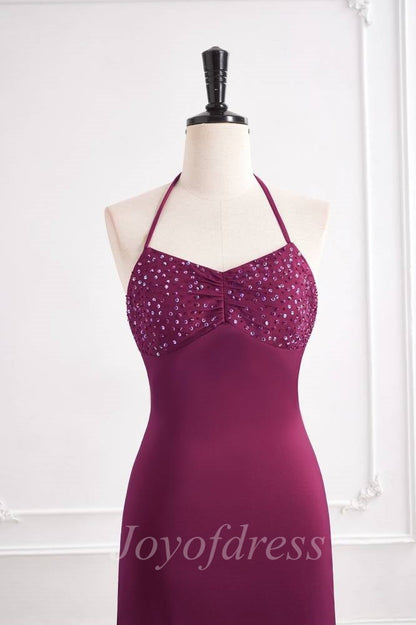 V-Neck Lace Up Satin Beaded Long Mermaid Party Prom Dress