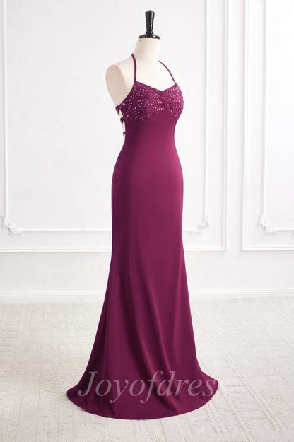 V-Neck Lace Up Satin Beaded Long Mermaid Party Prom Dress