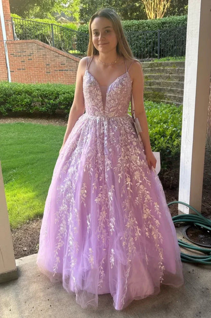 V-Neck Lace Up Tulle A-Line Appliques Party Prom Dress