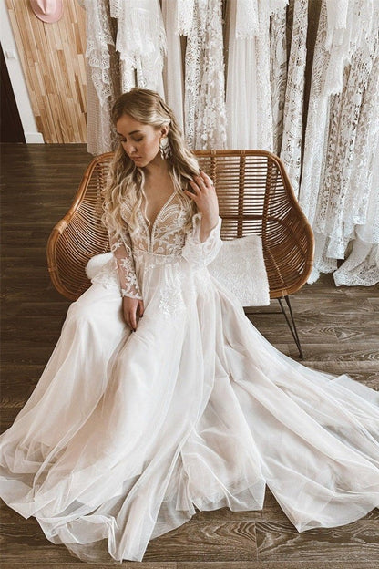 V-Neck Long Sleeves A-Line Two Tone Wedding Dress
