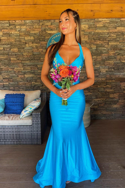 V-Neck Open Back Satin Mermaid Party Prom Dress