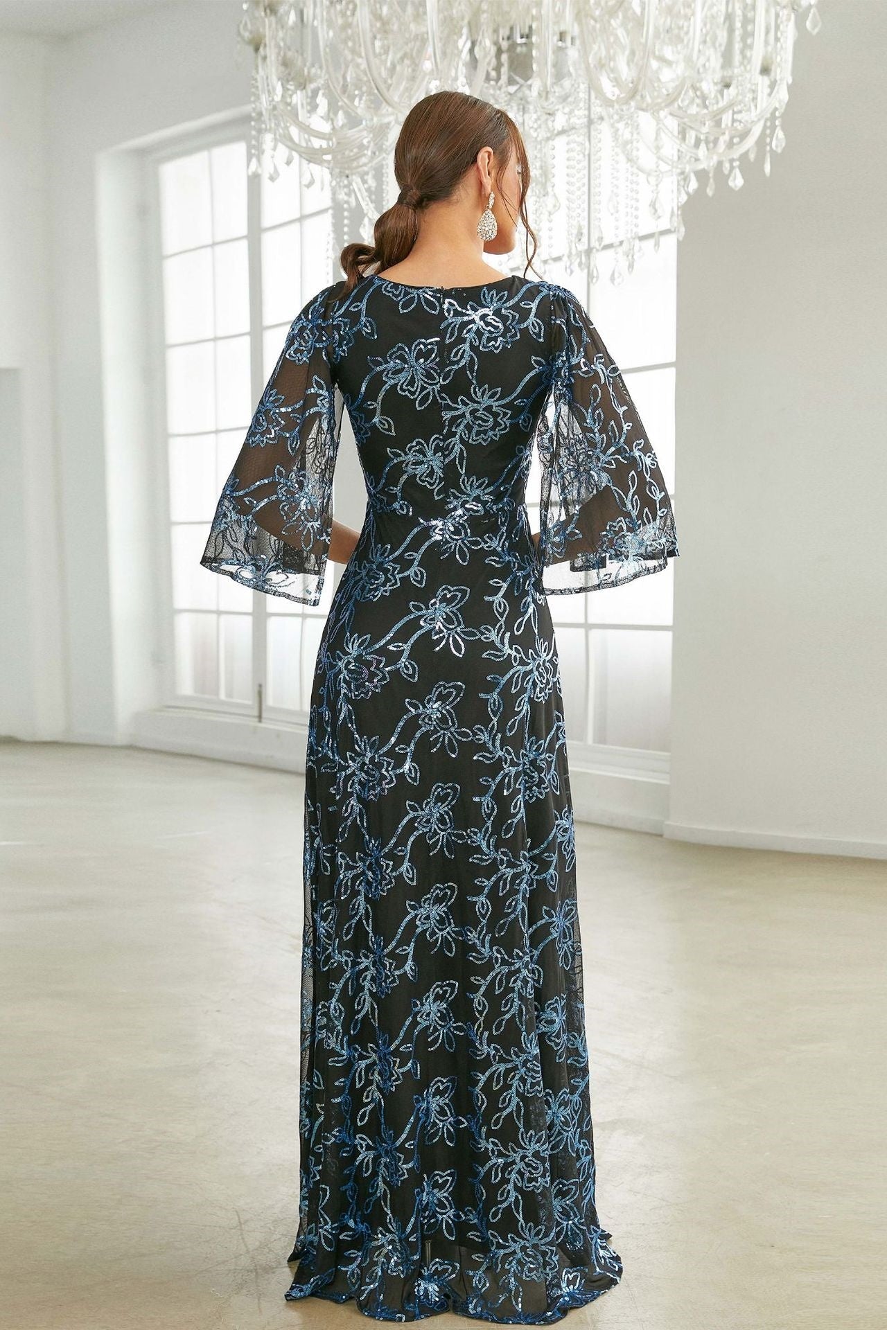 V-Neck Quarter Sleeves A-Line Floor-Length Chiffon Party Prom Dress