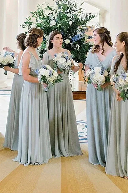 V-Neck Ruffled Sleeves Chiffon A-Line Bridesmaid Dress