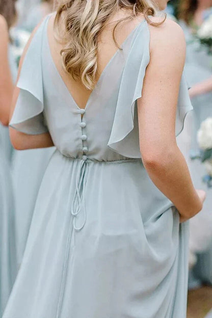 V-Neck Ruffled Sleeves Chiffon A-Line Bridesmaid Dress