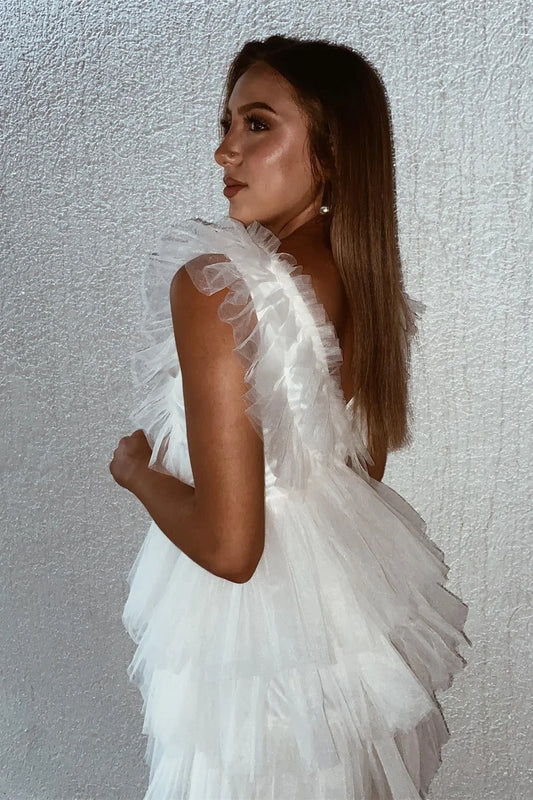 V-Neck Ruffled Straps Tulle A-Line Tiered Party Homecoming Dress