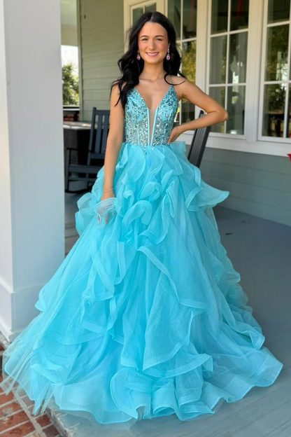 V-Neck Sleeveless Appliques Tulle A-Line Tiered Party Prom Dress