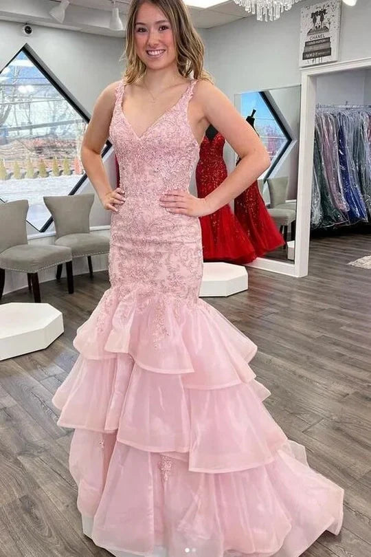V-Neck Sleeveless Appliques Two Tone Mermaid Party Prom Dress