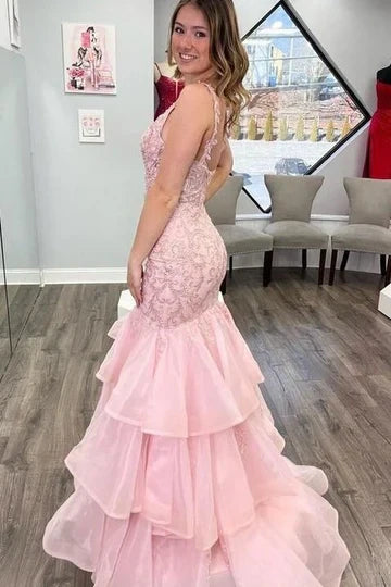 V-Neck Sleeveless Appliques Two Tone Mermaid Party Prom Dress