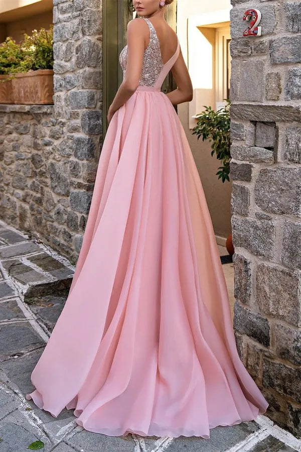 V-Neck Sleeveless Chiffon A-Line Appliques Prom Dress