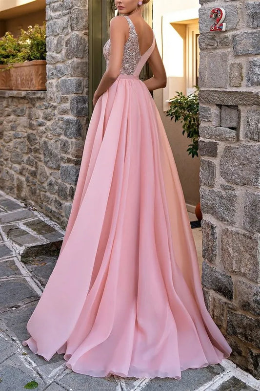 V-Neck Sleeveless Chiffon A-Line Appliques Prom Dress