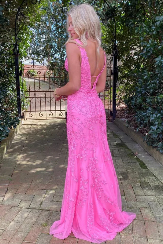 V-Neck Sleeveless Empire Lace Appliques Open Back Prom Dress