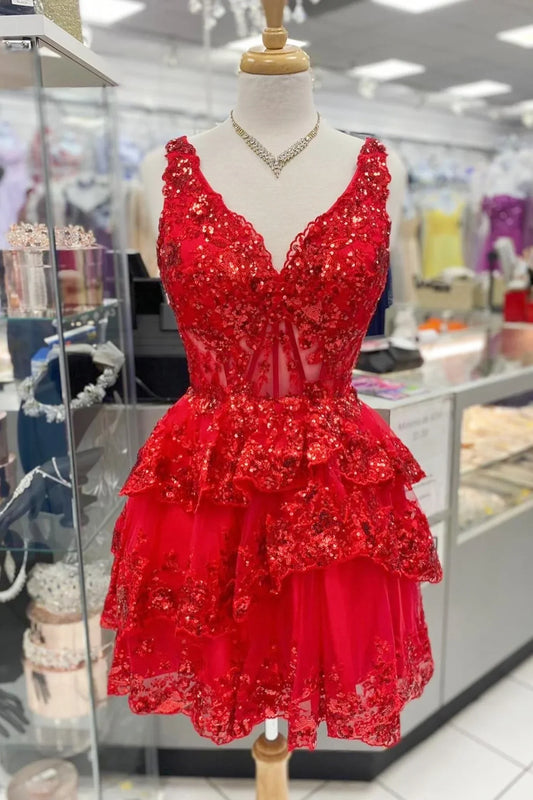 V-Neck Sleeveless Lace A-Line Sequins Tiered Homecoming Dress