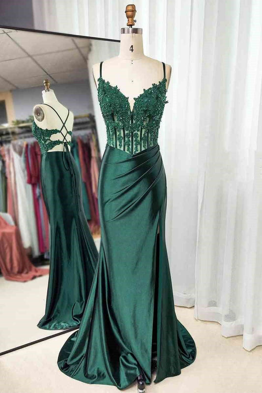 V-Neck Sleeveless Lace Up Mermaid Appliques Party Prom Dress