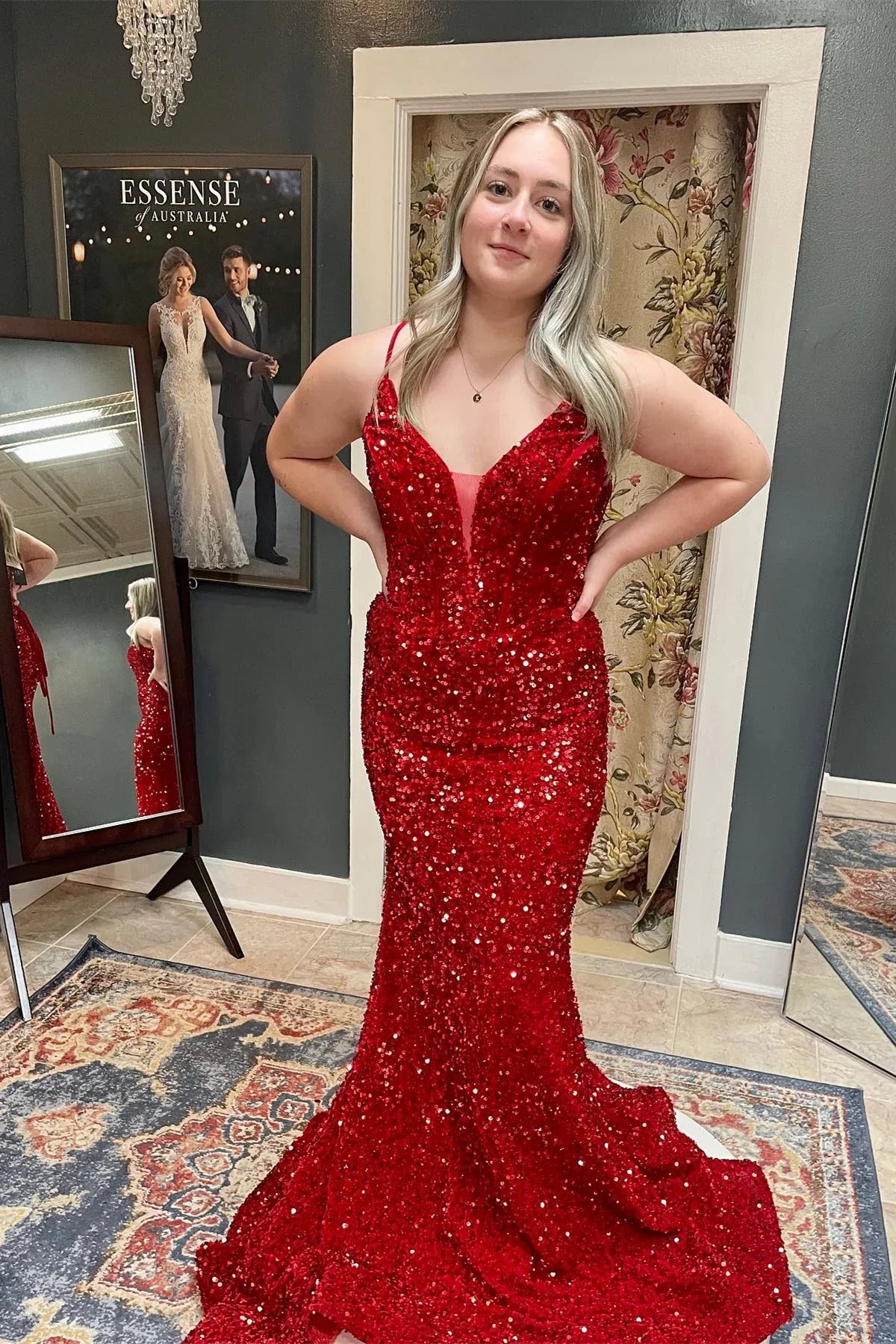 V-Neck Sleeveless Lace Up Trumpet Long Sequins Prom Dress