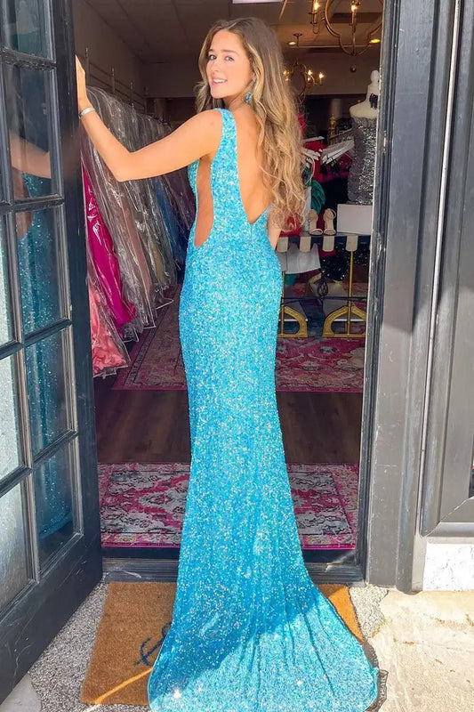 V-Neck Sleeveless Open Back Mermaid Sequins Prom Dress