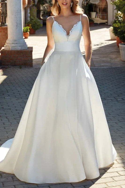 V-Neck Sleeveless Open Back Satin Wedding Dress
