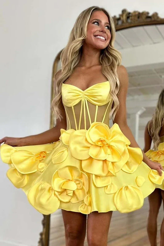V-Neck Sleeveless Satin A-Line Florals Short Homecoming Dress