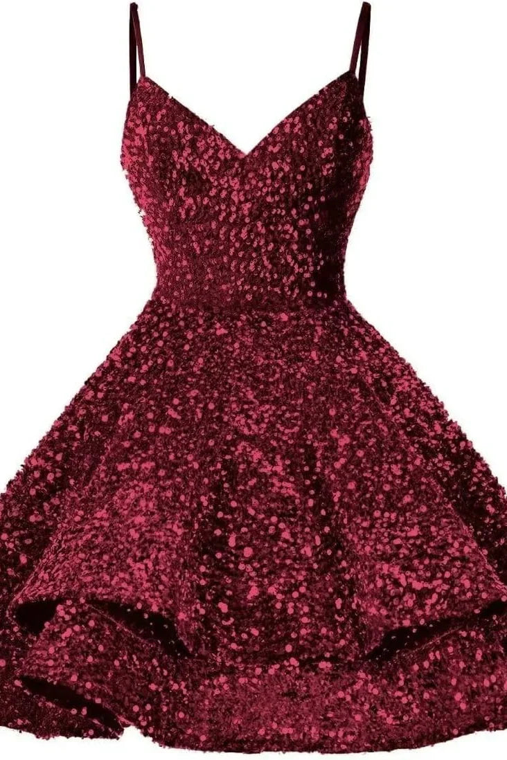 V-Neck Sleeveless Sequins Tiered A-Line Sequins Homecoming Dress