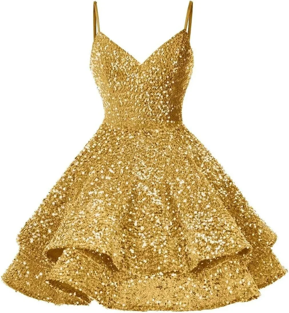 V-Neck Sleeveless Sequins Tiered A-Line Sequins Homecoming Dress