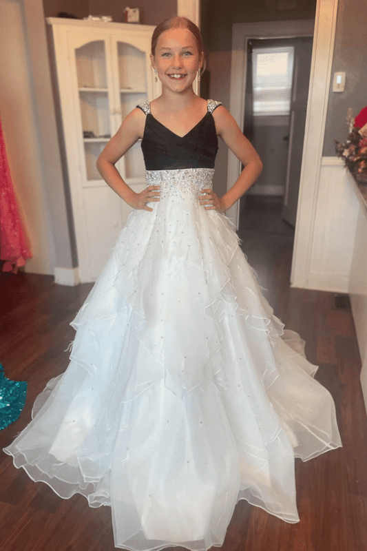 V-Neck Sleeveless Tulle A-Line Beaded Girl Pageant Dress