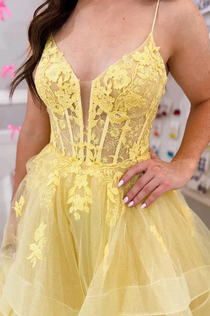 V-Neck Sleeveless Tulle A-Line Tiered Appliques Prom Dress