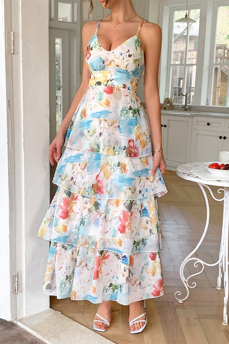 V-Neck Spaghetti Straps A-Line Tiered Floral Party Evening Dress