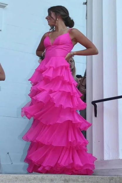V-Neck Spaghetti Straps A-Line Tiered Long Party Prom Dress