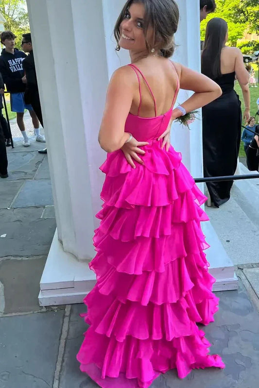 V-Neck Spaghetti Straps A-Line Tiered Long Party Prom Dress