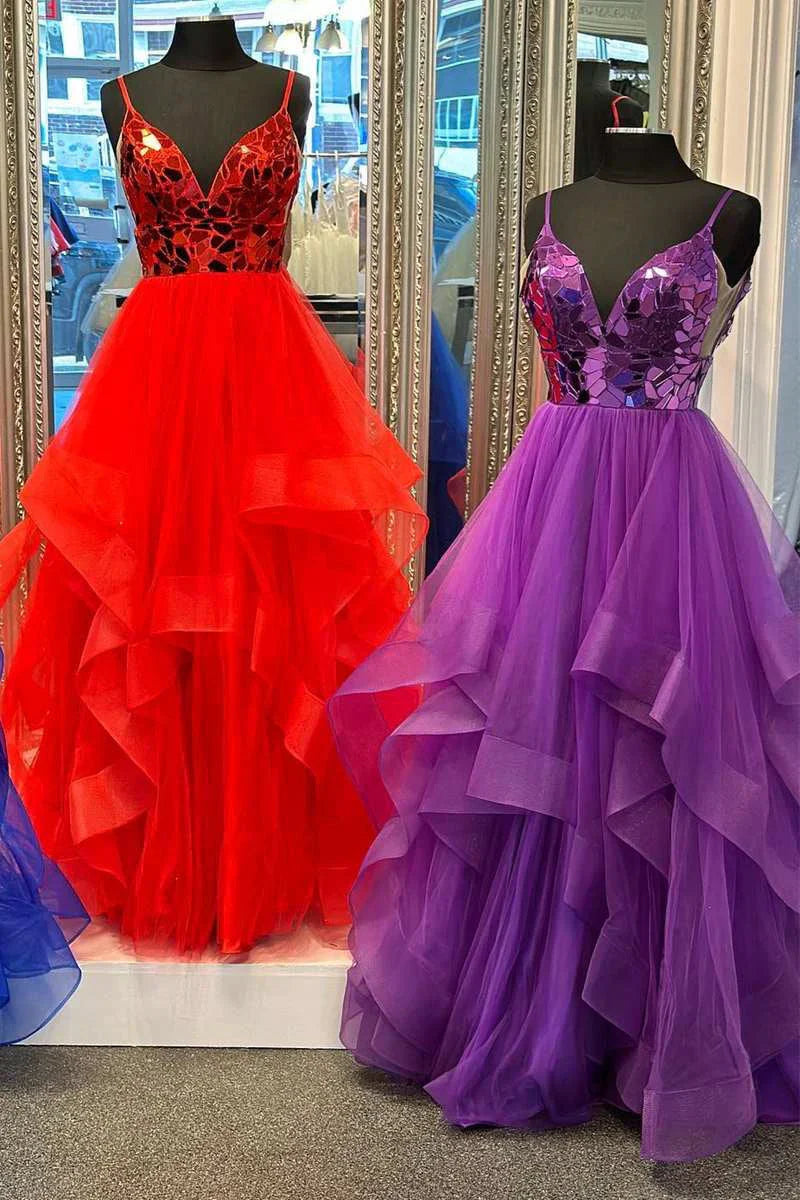 V-Neck Spaghetti Straps A-Line Two Tone Formal Prom Dress