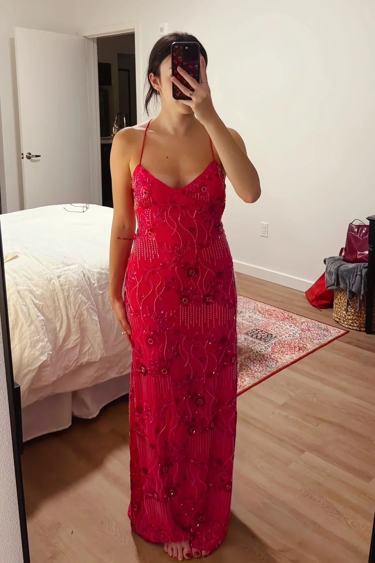 V-Neck Spaghetti Straps Appliques Lace Up Party Prom Dress