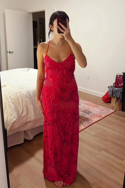 V-Neck Spaghetti Straps Appliques Lace Up Party Prom Dress