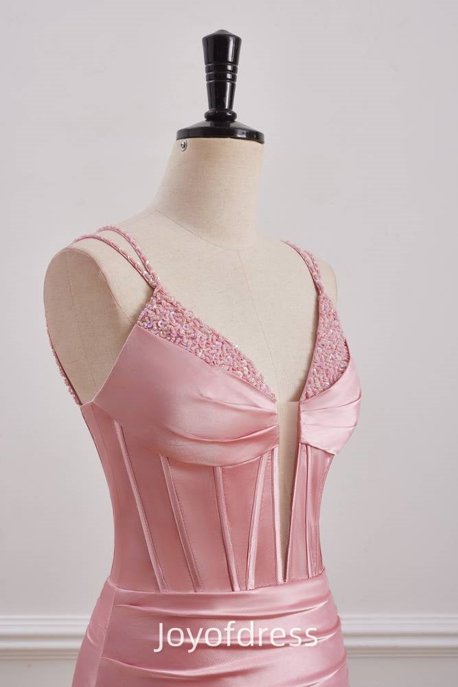 V-Neck Spaghetti Straps Beaded Empire Satin Homecoming Dress