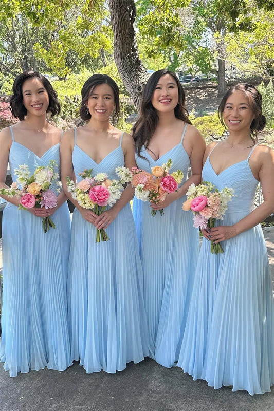 V-Neck Spaghetti Straps Chiffon A-Line Pleated Bridesmaid Dress