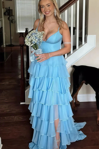 V-Neck Spaghetti Straps Chiffon A-Line Tiered Party Prom Dress