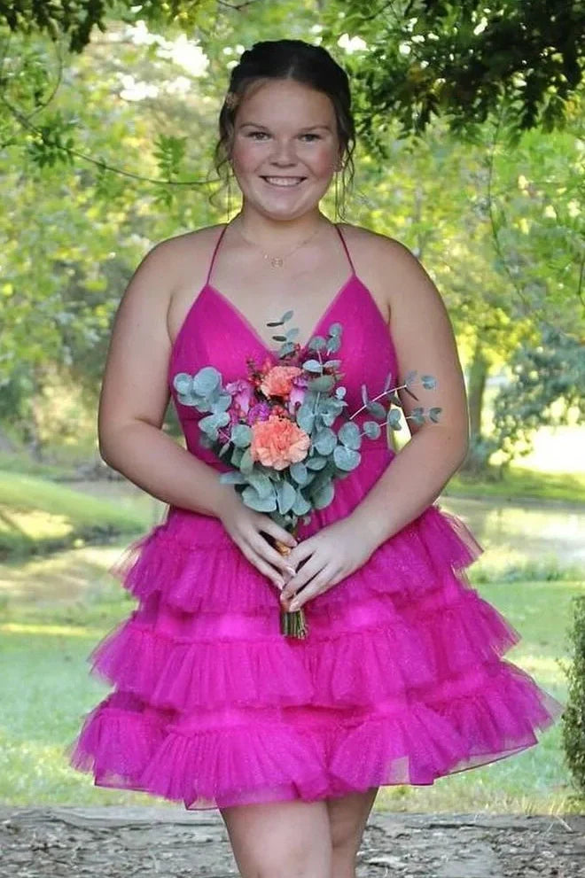 V-Neck Spaghetti Straps Empire A-Line Tiered Homecoming Dress